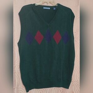 Vintage Blassport Mens Green Sweater Vest Diamond Pattern 100% Cotton Size L
